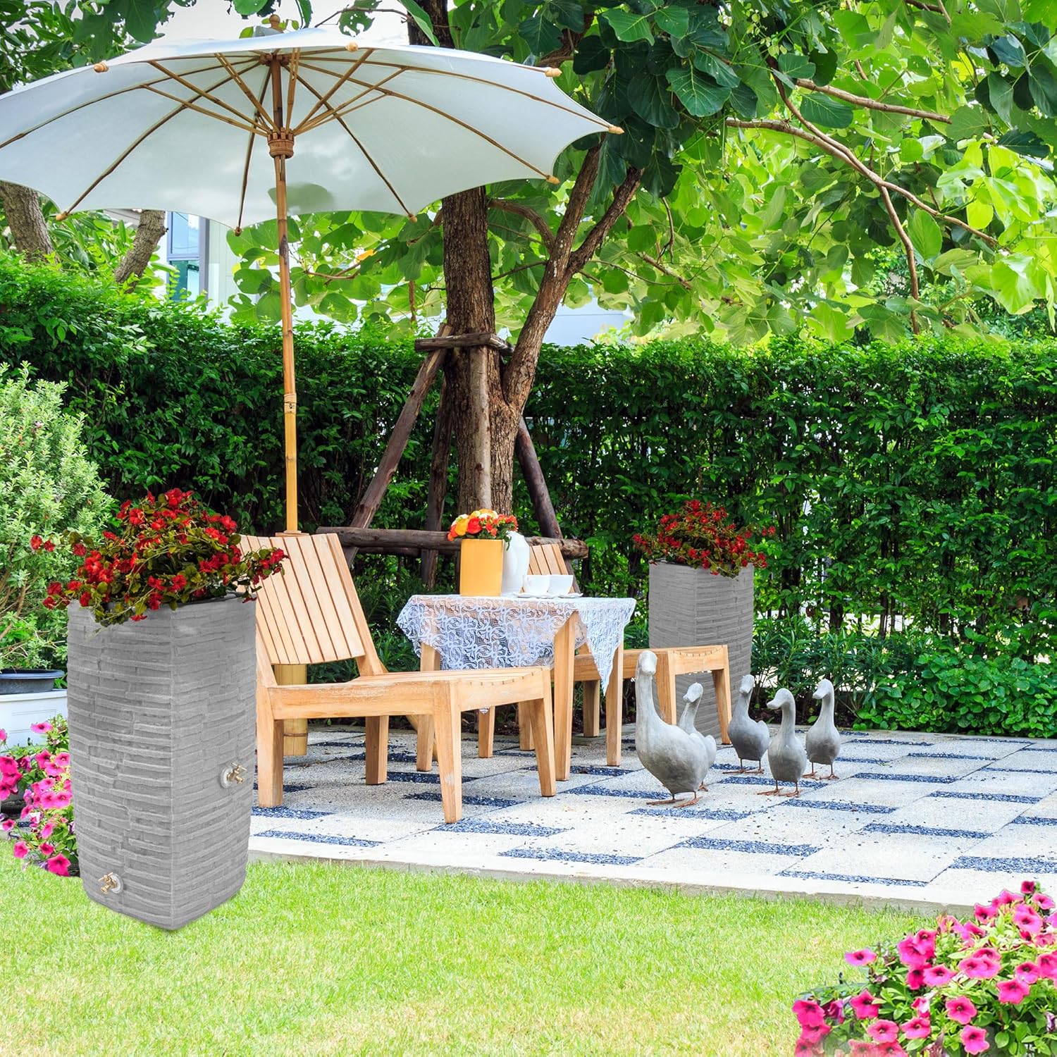 Good Ideas Rain Barrel, Faux Slate Riverwalk w 2 Brass Spigots, 50-Gal, Light Granite5