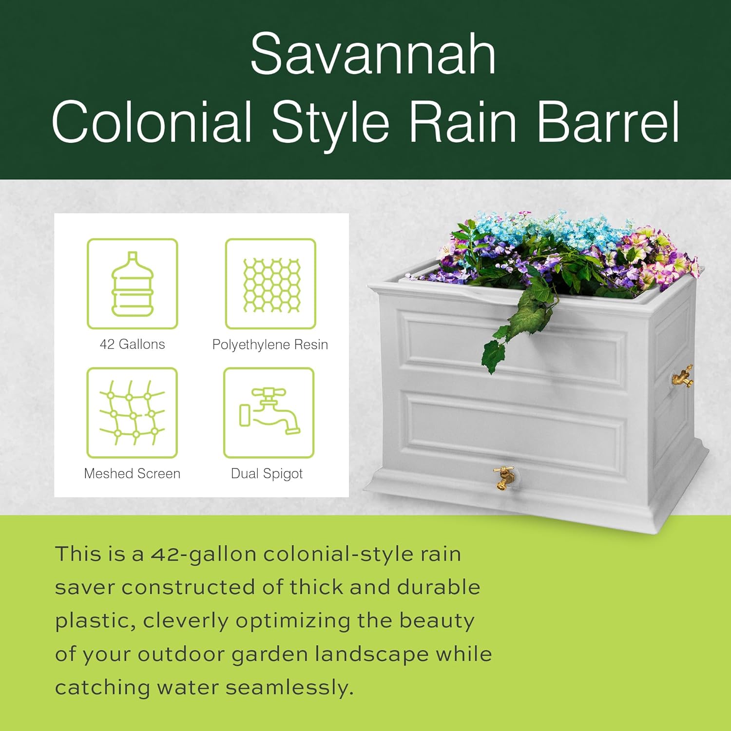Good Ideas Savannah Elevated Garden Colonial Style 42 Gallon Rain Saver Barrel with Planter and Two Metal Spigots, Cool Gray2