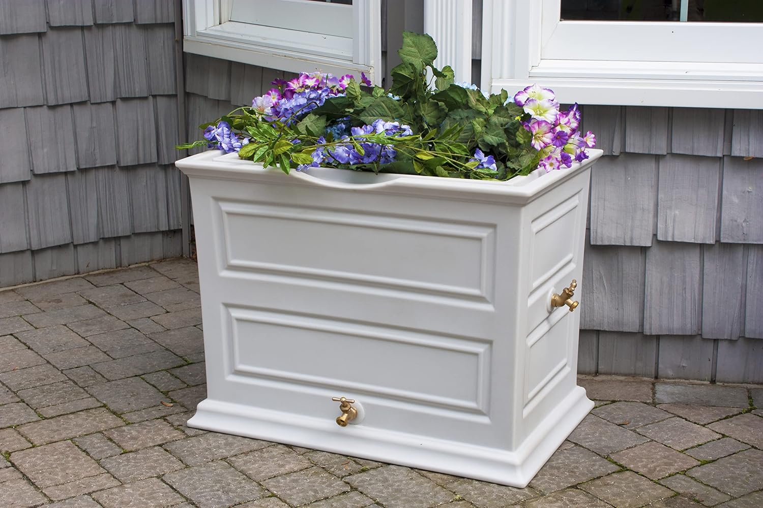 Good Ideas Savannah Elevated Garden Colonial Style 42 Gallon Rain Saver Barrel with Planter and Two Metal Spigots, Cool Gray3