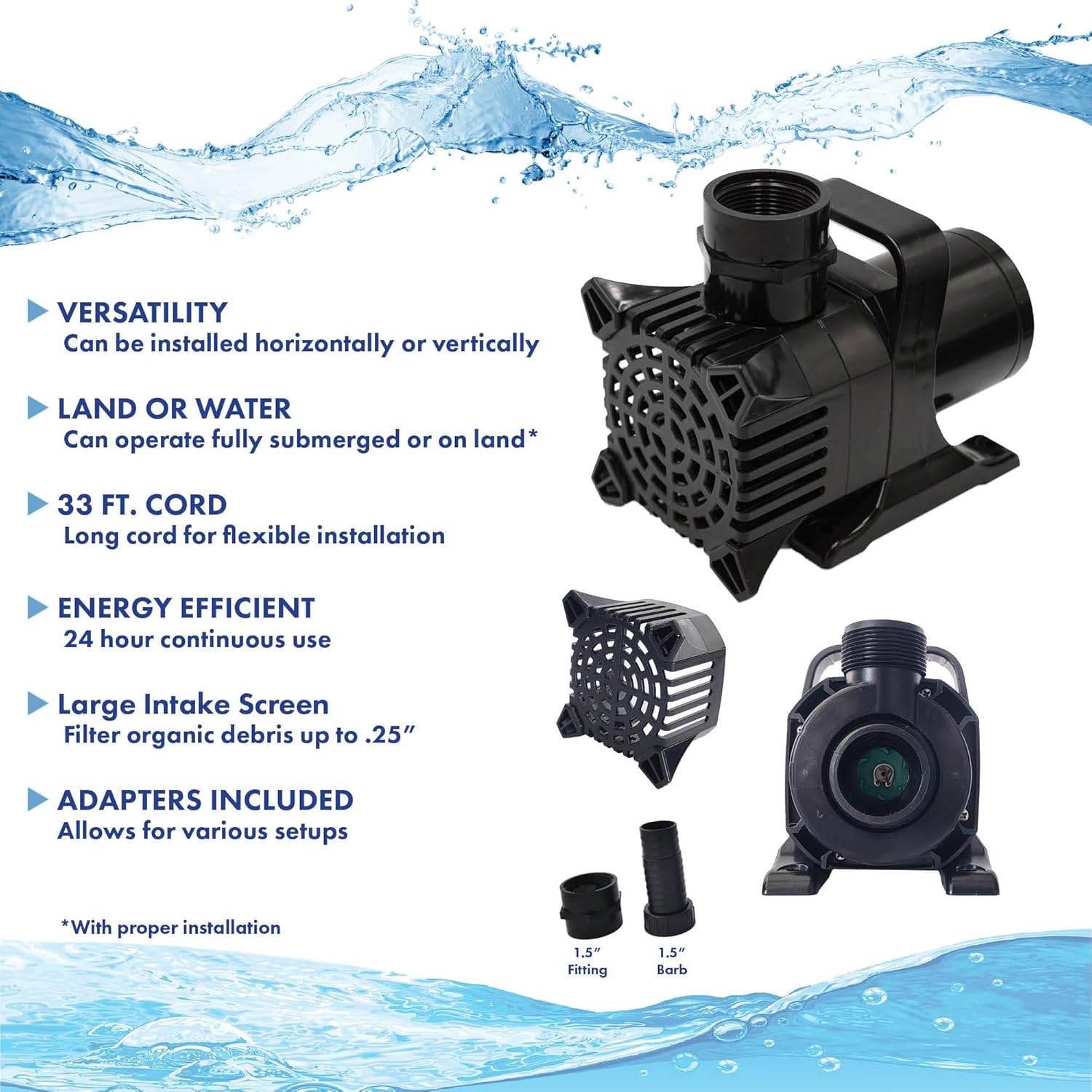 HALF OFF PONDS Submersible Water Pump – 1,600 GPH Quiet, Energy Efficient Pond Pump with 33 ft Cord for Koi Ponds, Fountains, Water Gardens, Waterfalls & Skimmers, Horizontal or Vertical Install4