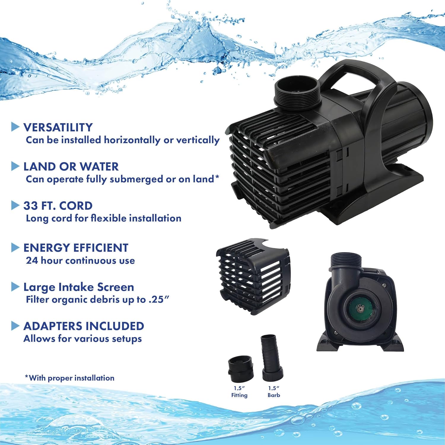 HALF OFF PONDS Submersible Water Pump – 2,000 GPH Quiet, Energy Efficient Pond Pump with 33 ft Cord for Koi Ponds, Fountains, Water Gardens, Waterfalls & Skimmers, Horizontal or Vertical Install3