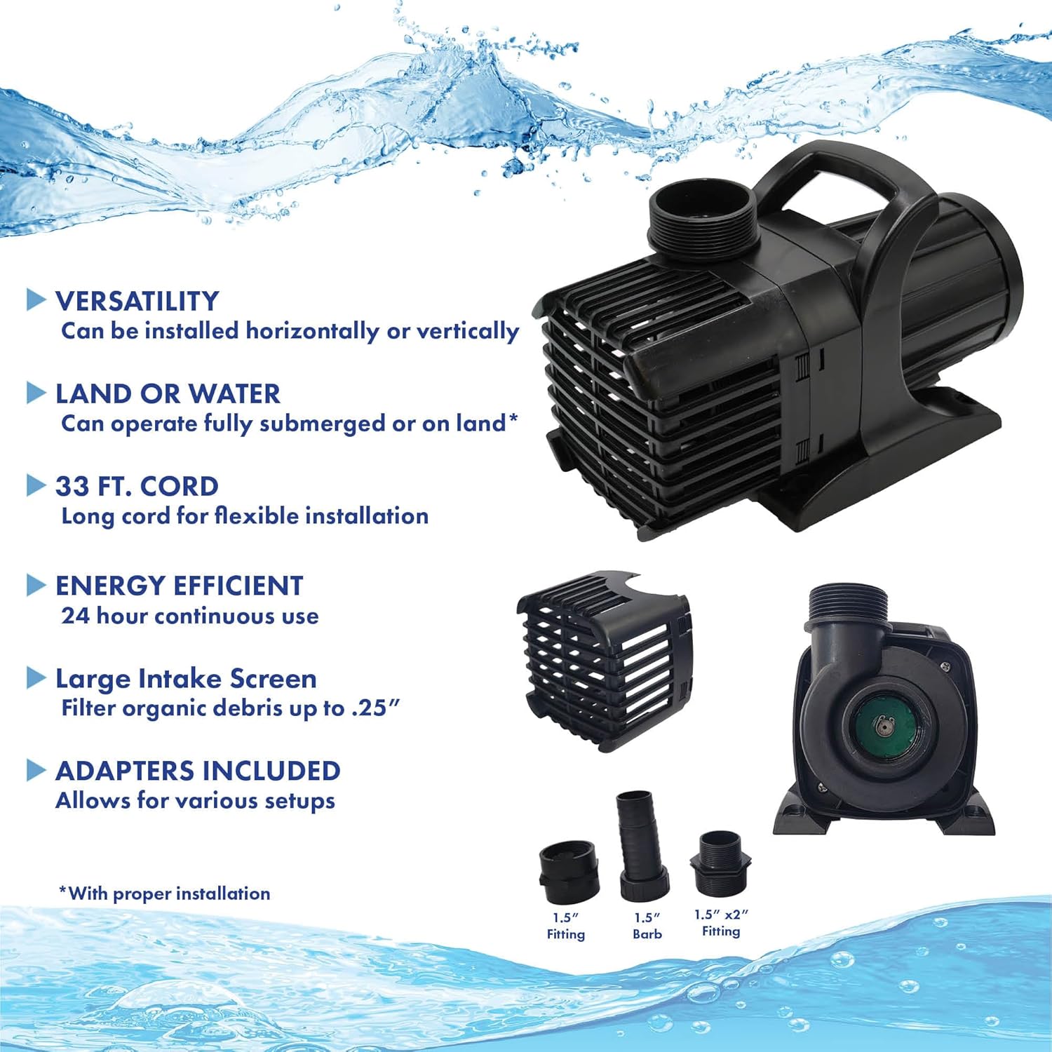 HALF OFF PONDS Submersible Water Pump – 3,000 GPH Quiet, Energy Efficient Pond Pump with 33 ft Cord for Koi Ponds, Fountains, Water Gardens, Waterfalls & Skimmers, Horizontal or Vertical Install5