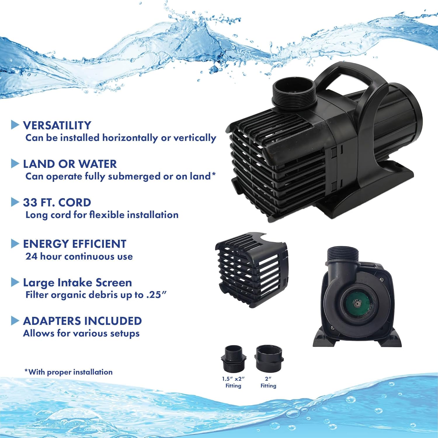 HALF OFF PONDS Submersible Water Pump – 4,000 GPH Quiet, Energy Efficient Pond Pump with 33 ft Cord for Koi Ponds, Fountains, Water Gardens, Waterfalls & Skimmers, Horizontal or Vertical Install5