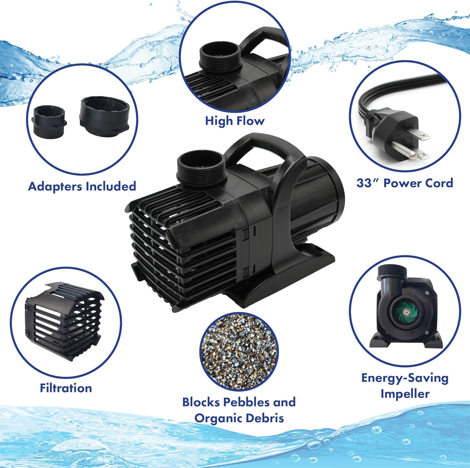 HALF OFF PONDS Submersible Water Pump – 6,100 GPH Quiet, Energy Efficient Pond Pump with 33 ft Cord for Koi Ponds, Fountains, Water Gardens, Waterfalls & Skimmers, Horizontal or Vertical Install2