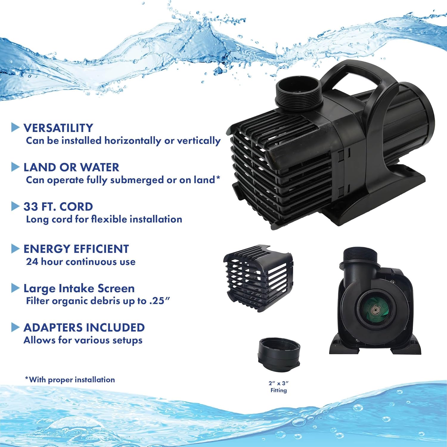 HALF OFF PONDS Submersible Water Pump – 8,000 GPH Quiet, Energy Efficient Pond Pump with 33 ft Cord for Koi Ponds, Fountains, Water Gardens, Waterfalls & Skimmers, Horizontal or Vertical Install4