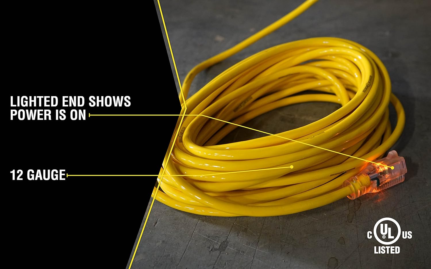 Heavy Duty Extension Cord, 50Ft, 12 Gauge, 3 Conductor, Lighted End, Weather Resistant, SJTW, Yellow, 28844