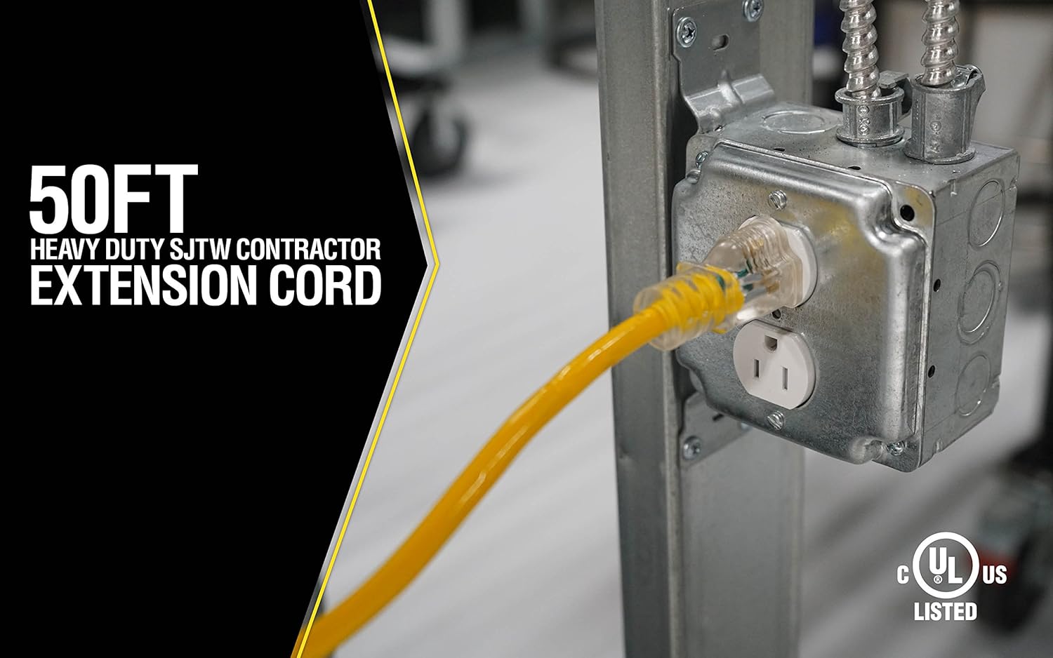 Heavy Duty Extension Cord, 50Ft, 12 Gauge, 3 Conductor, Lighted End, Weather Resistant, SJTW, Yellow, 28846