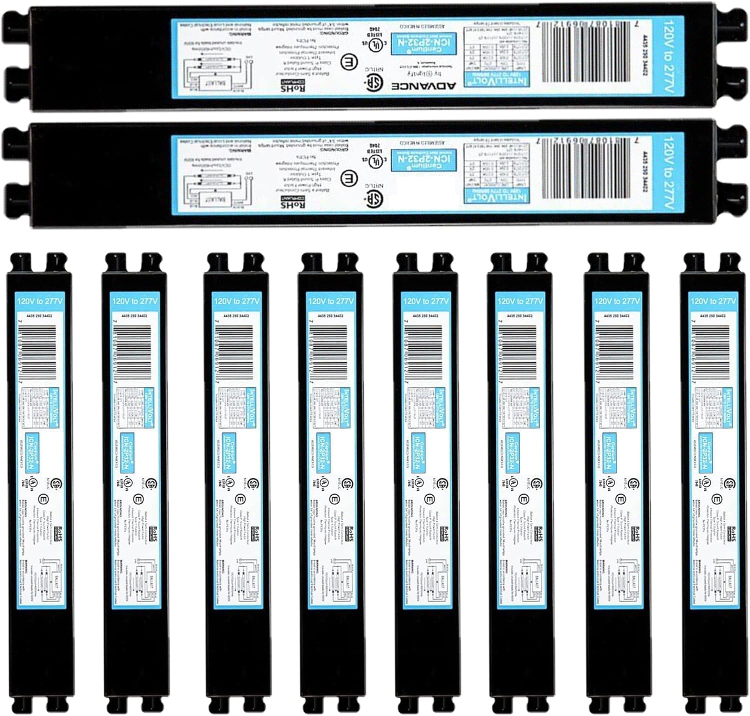 ICN2P32N, 120-277V, 50-60Hz Input Frequency, Solid Wire Type, Instant Start Centium Electronic Fluorescent Ballast for 2 F32T8 Lamp Type, Indoor Outdoor Use with Automatic Restart Ballast Box, 10 Pack ICN2P32N, 120-277V, 50-60Hz Input Frequency, Solid Wire Type, Instant Start Centium Electronic Fluorescent Ballast for 2 F32T8 Lamp Type, Indoor/Outdoor Use with Automatic Restart Ballast Box, 10 Pack