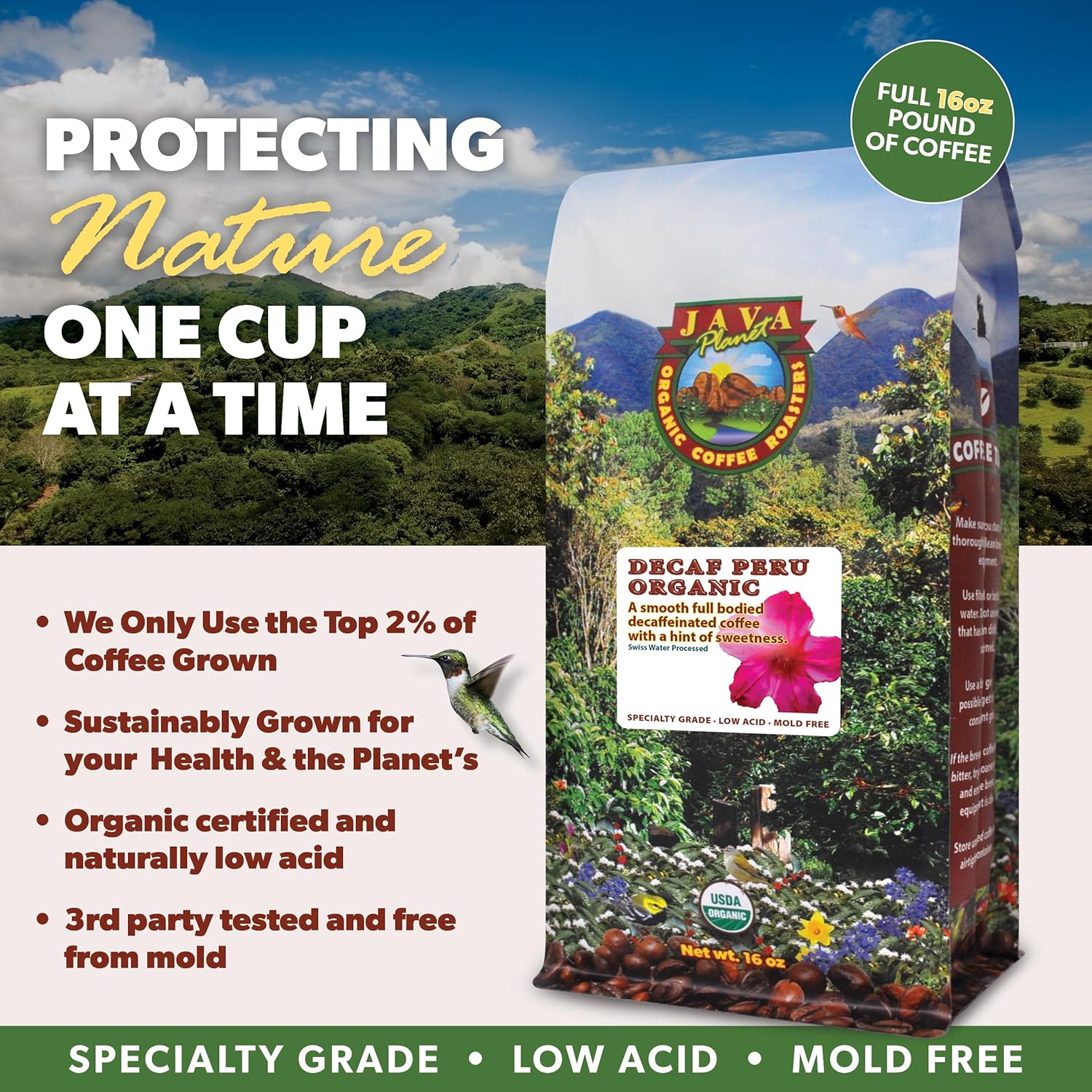 Java Planet Organic, Water Process Decaf Peru, Smooth Full Flavored Organic Coffee Beans, Low Acid, Whole Bean Coffee, Two 1 LB Bags3