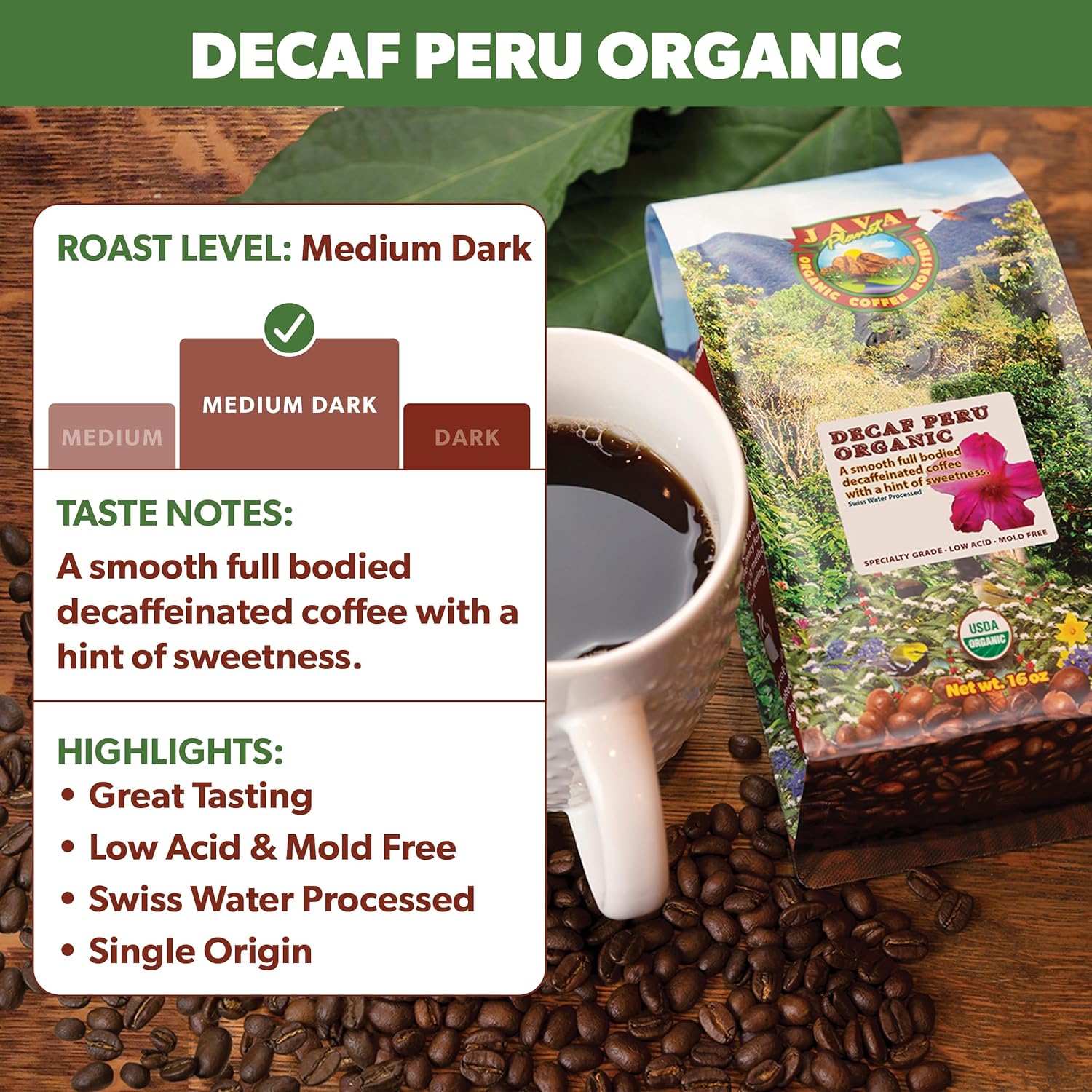 Java Planet Organic, Water Process Decaf Peru, Smooth Full Flavored Organic Coffee Beans, Low Acid, Whole Bean Coffee, Two 1 LB Bags4