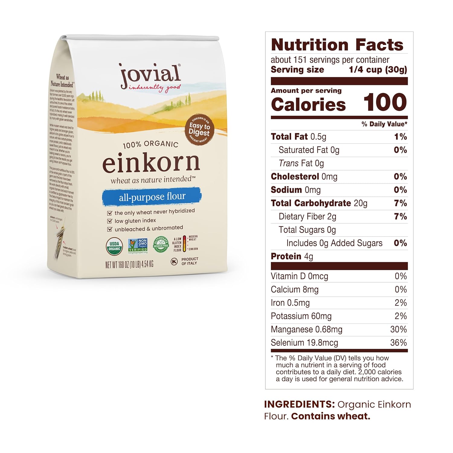 Jovial Organic Einkorn Unbleached All Purpose Flour - Bread Baking Flour for Sourdough, High Protein, Non-GMO, Organic Pizza & Pasta Flour, European Italian Flour, Glyphosate Free - 10 Lb1