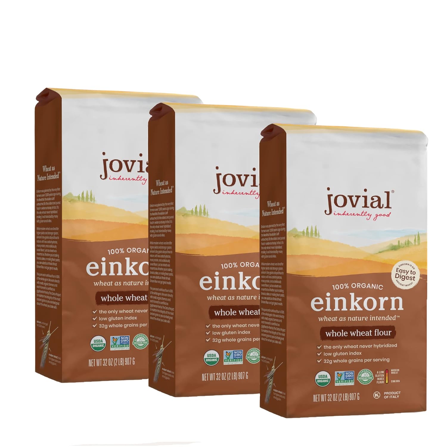 Jovial Organic Einkorn Whole Wheat Flour - Bread Baking Flour for Sourdough, High Protein, Non-GMO, Organic Pizza & Pasta Flour, European Italian Flour, Glyphosate Free - 2 Lb, 3 Pack Jovial Organic Einkorn Whole Wheat Flour - Bread Baking Flour for Sourdough, High Protein, Non-GMO, Organic Pizza & Pasta Flour, European Italian Flour, Glyphosate Free - 2 Lb, 3 Pack
