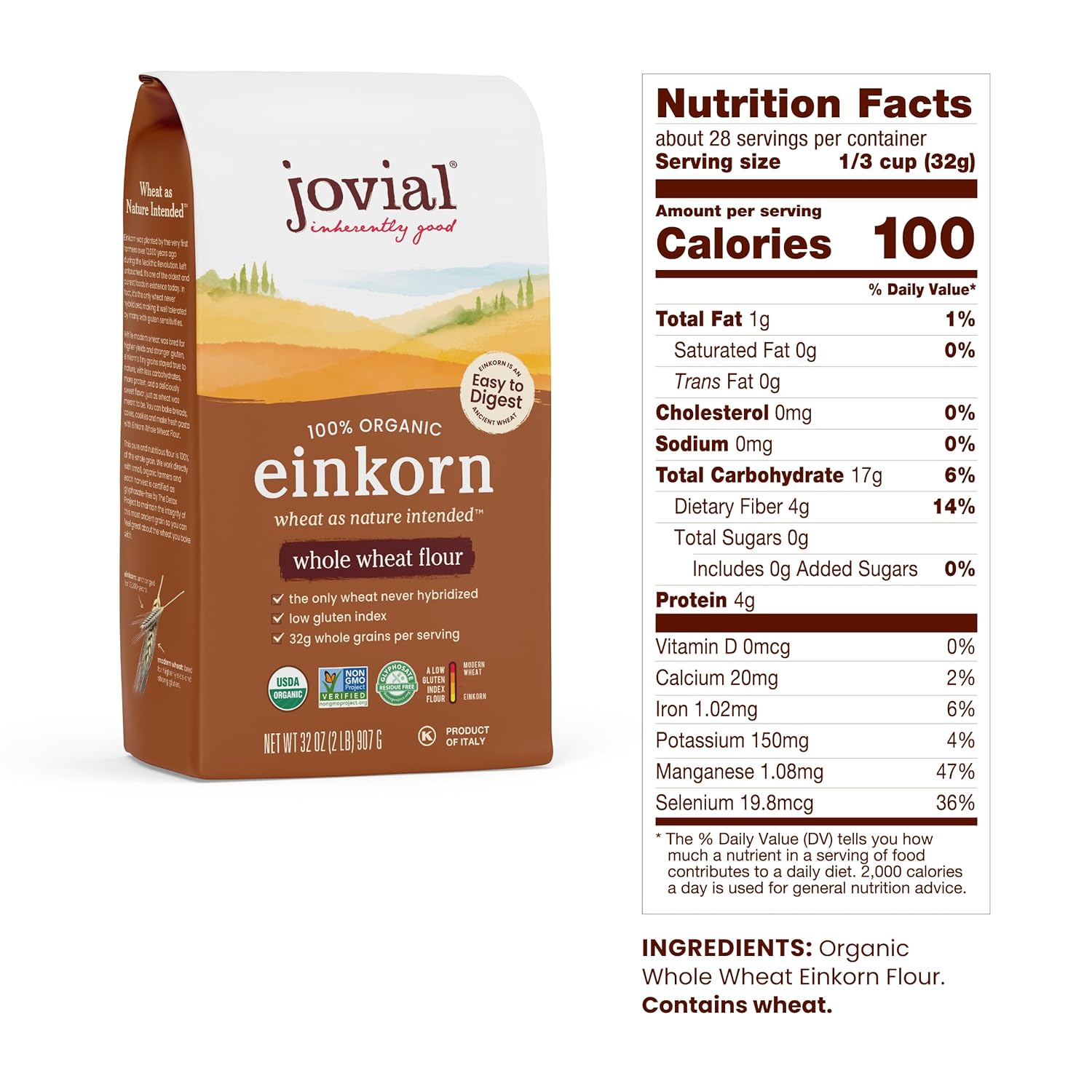 Jovial Organic Einkorn Whole Wheat Flour - Bread Baking Flour for Sourdough, High Protein, Non-GMO, Organic Pizza & Pasta Flour, European Italian Flour, Glyphosate Free - 2 Lb, 3 Pack1