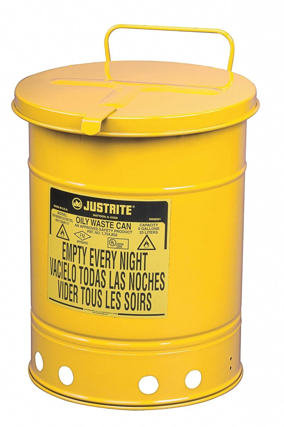 Justrite 09711 Oil Waste Can, Manual-Closing, 21 Gal, Yellow Justrite 09711 Oil Waste Can, Manual-Closing, 21 Gal, Yellow