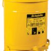 Justrite 10 Gallon Galvanized Steel Oily Waste Can, 18" x 14" Metal Oil Rag Safety Can with Foot Operated Self-Closing Lid for Oil Rag Disposal, Made in The USA, Yellow, 09301