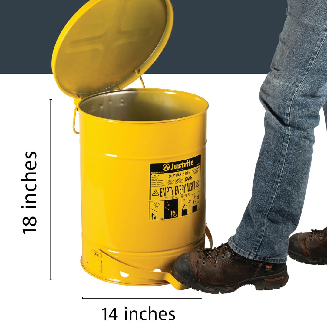 Justrite 10 Gallon Galvanized Steel Oily Waste Can, 18 x 14 Metal Oil Rag Safety Can with Foot Operated Self-Closing Lid for Oil Rag Disposal, Made in The USA, Yellow, 093011