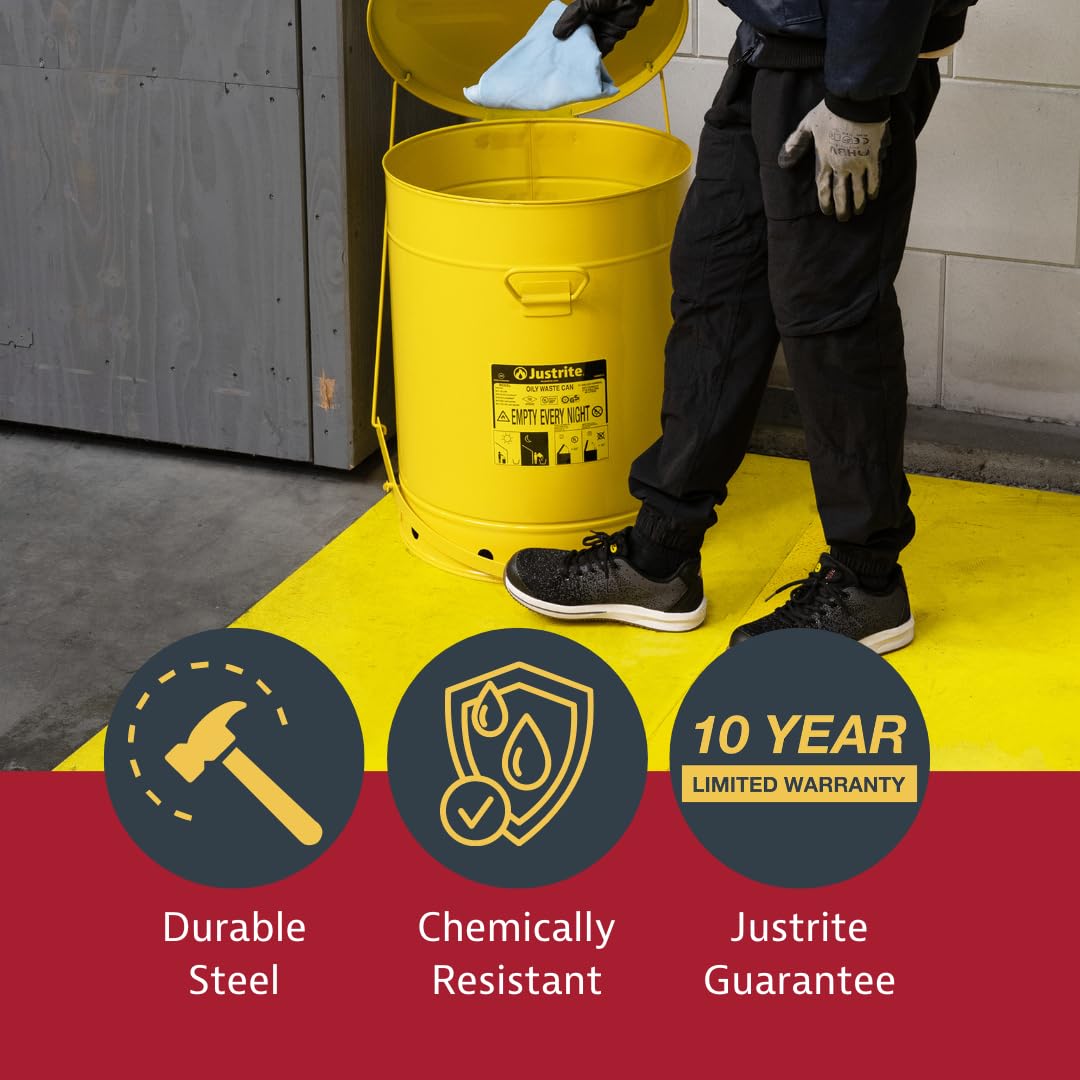 Justrite 10 Gallon Galvanized Steel Oily Waste Can, 18 x 14 Metal Oil Rag Safety Can with Foot Operated Self-Closing Lid for Oil Rag Disposal, Made in The USA, Yellow, 093012