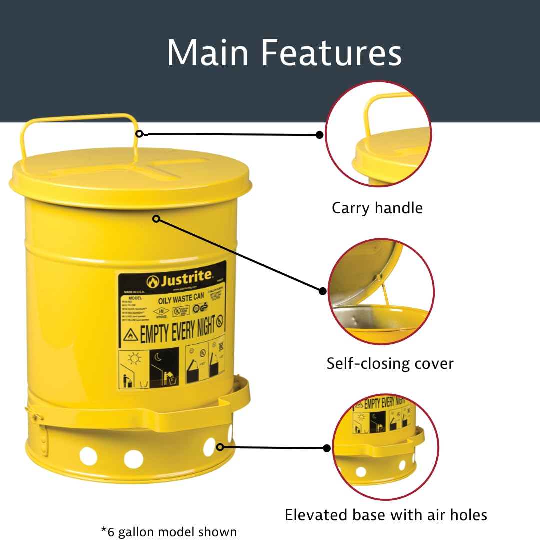 Justrite 10 Gallon Galvanized Steel Oily Waste Can, 18 x 14 Metal Oil Rag Safety Can with Foot Operated Self-Closing Lid for Oil Rag Disposal, Made in The USA, Yellow, 093013