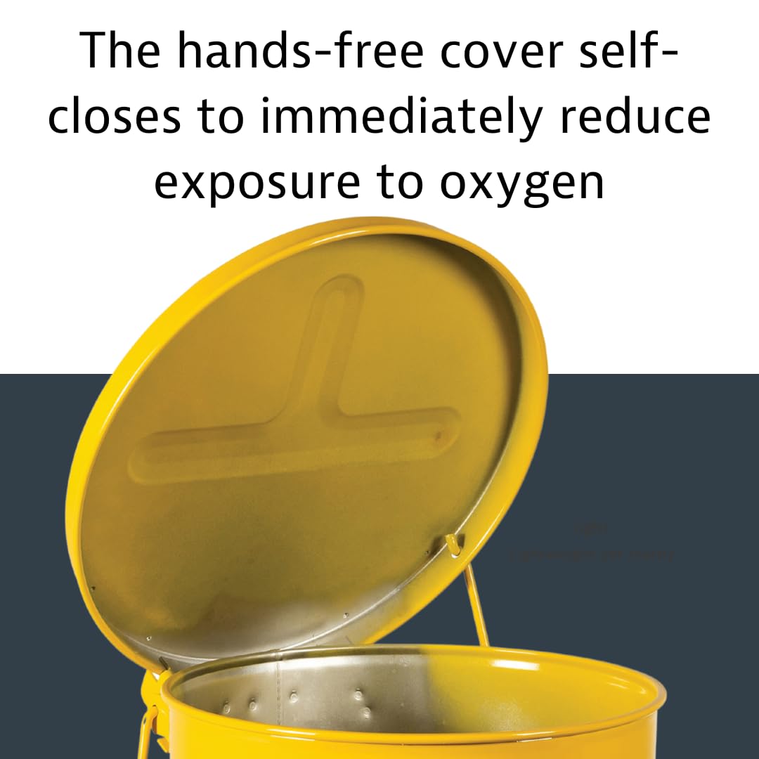 Justrite 10 Gallon Galvanized Steel Oily Waste Can, 18 x 14 Metal Oil Rag Safety Can with Foot Operated Self-Closing Lid for Oil Rag Disposal, Made in The USA, Yellow, 093015
