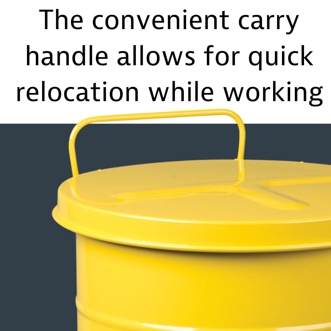 Justrite 10 Gallon Galvanized Steel Oily Waste Can, 18 x 14 Metal Oil Rag Safety Can with Foot Operated Self-Closing Lid for Oil Rag Disposal, Made in The USA, Yellow, 093017