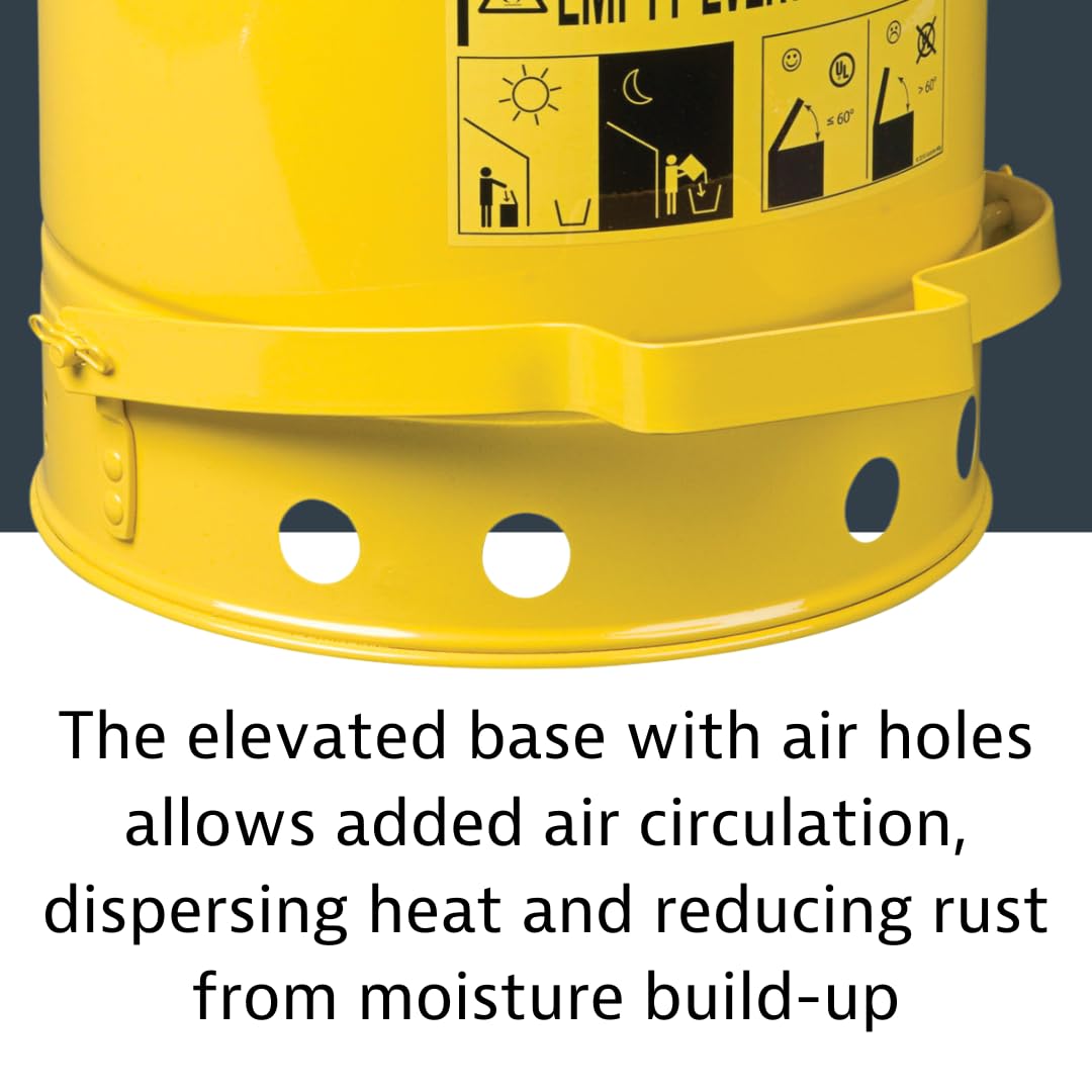 Justrite 10 Gallon Galvanized Steel Oily Waste Can, 18 x 14 Metal Oil Rag Safety Can with Foot Operated Self-Closing Lid for Oil Rag Disposal, Made in The USA, Yellow, 093019