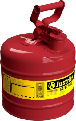 Justrite 2 Gallon Type I Red Safety Gas Can for Gasoline with Flame Arrester and Self-Closing Lid, Made in the USA, Galvanized Steel Flammable Storage Can, 7120100