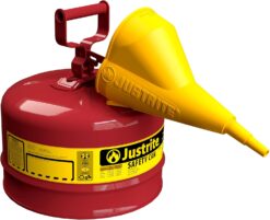 Justrite 2.5 Gallon Type I Red Safety Gas Can for Gasoline with Flame Arrester, Self-Closing Lid, and Funnel, Made in The USA, Galvanized Steel Flammable Storage Can, 7125110