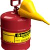 Justrite 5 Gallon Type I Red Safety Gas Can for Gasoline with Flame Arrester, Self-Closing Lid, and Funnel, Made in the USA, Galvanized Steel Flammable Storage Can, 7150110
