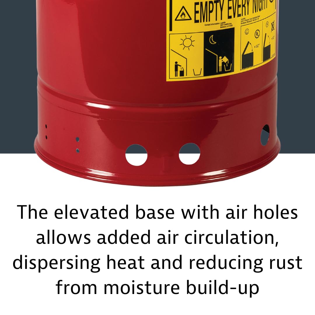 Justrite 6 Gallon Galvanized Steel Oily Waste Can, 16 x 12 Metal Oil Rag Safety Can with Hand Operated Self-Closing Lid for Oil Rag Disposal, Made in The USA, Red, 091100