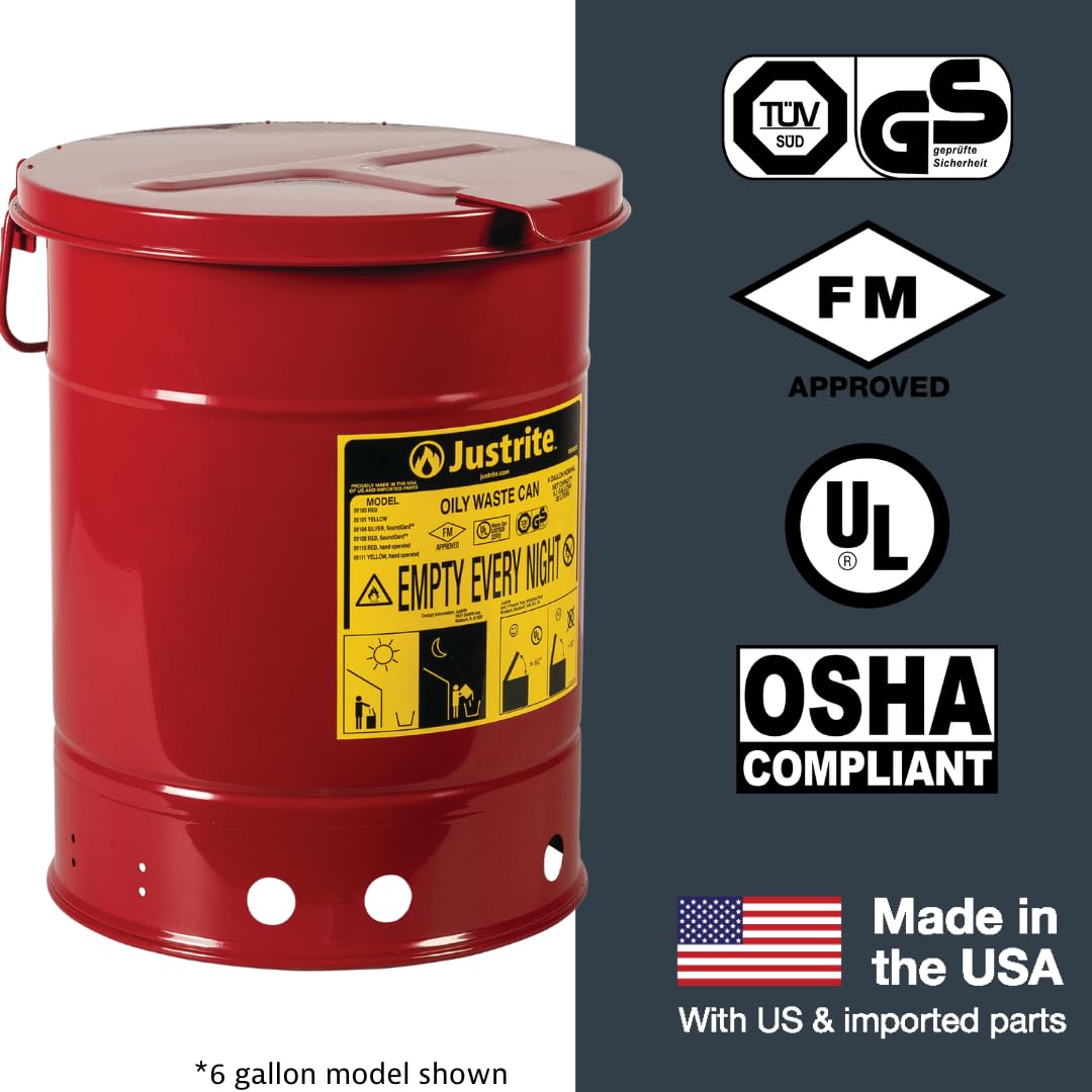 Justrite 6 Gallon Galvanized Steel Oily Waste Can, 16 x 12 Metal Oil Rag Safety Can with Hand Operated Self-Closing Lid for Oil Rag Disposal, Made in The USA, Red, 0911011