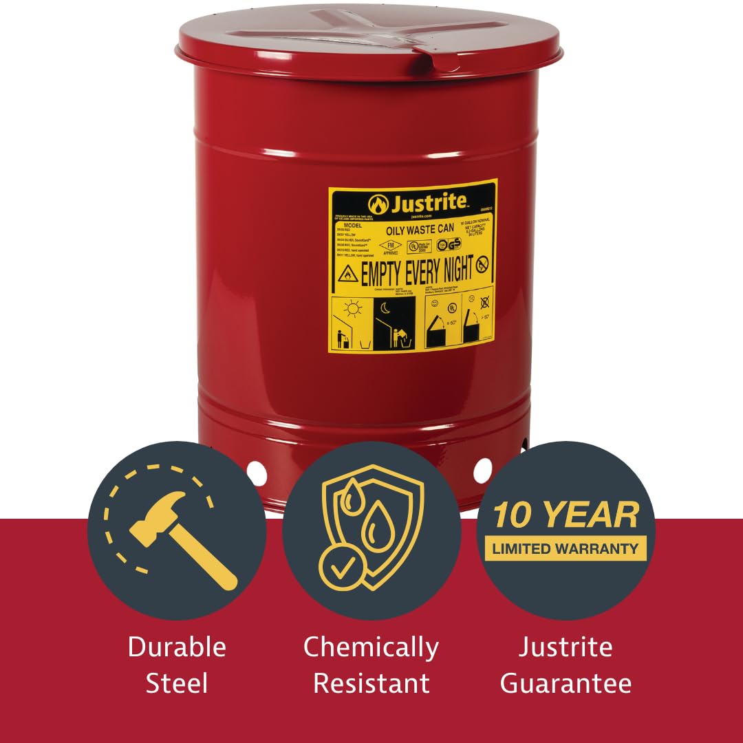 Justrite 6 Gallon Galvanized Steel Oily Waste Can, 16 x 12 Metal Oil Rag Safety Can with Hand Operated Self-Closing Lid for Oil Rag Disposal, Made in The USA, Red, 091103