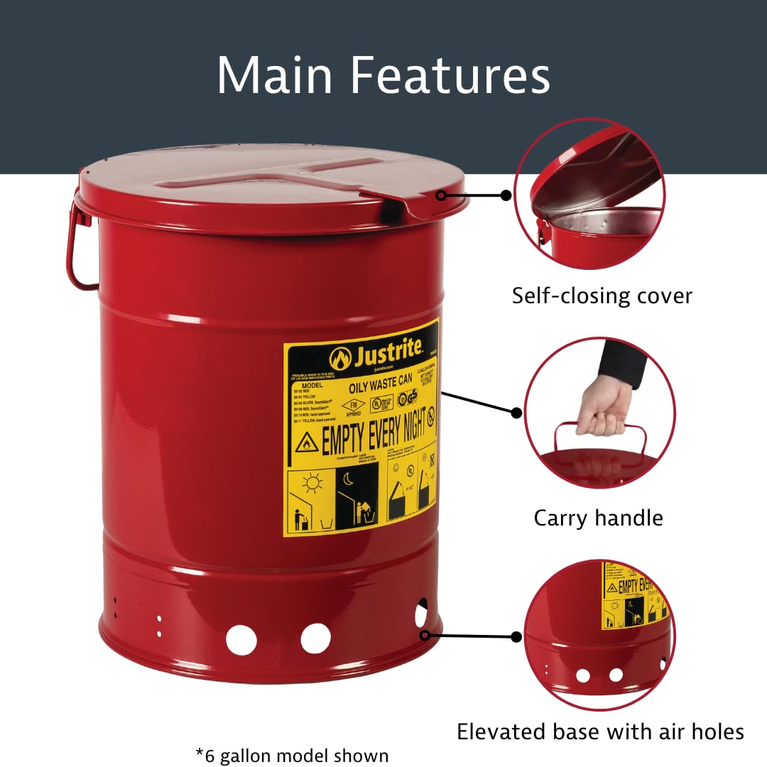 Justrite 6 Gallon Galvanized Steel Oily Waste Can, 16 x 12 Metal Oil Rag Safety Can with Hand Operated Self-Closing Lid for Oil Rag Disposal, Made in The USA, Red, 091104