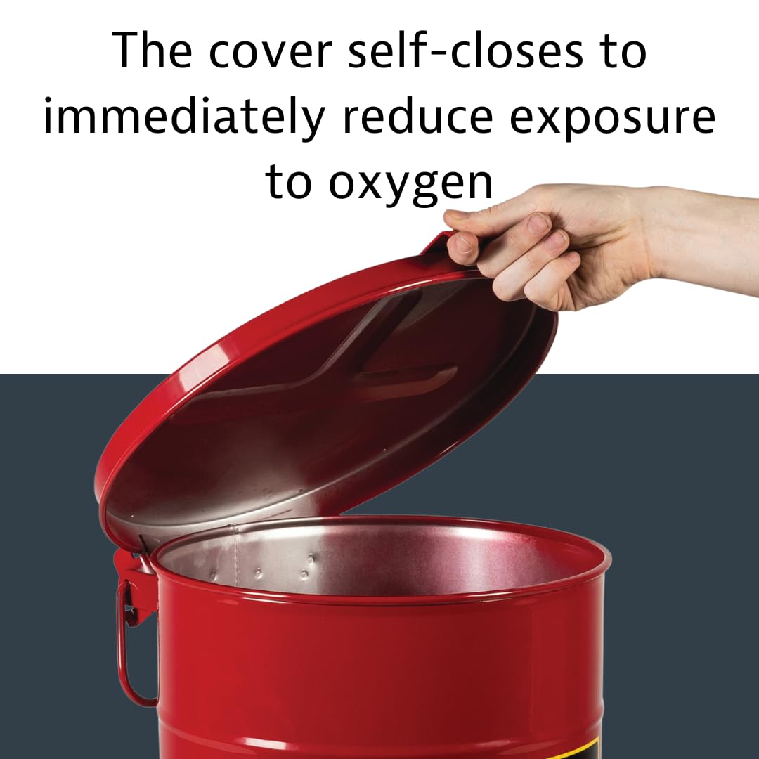 Justrite 6 Gallon Galvanized Steel Oily Waste Can, 16 x 12 Metal Oil Rag Safety Can with Hand Operated Self-Closing Lid for Oil Rag Disposal, Made in The USA, Red, 091105