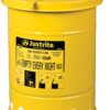 Justrite 6 Gallon Galvanized Steel Oily Waste Can, 16" x 12" Metal Oil Rag Safety Can with Hand Operated Self-Closing Lid for Oil Rag Disposal, Made in The USA, Yellow, 09111
