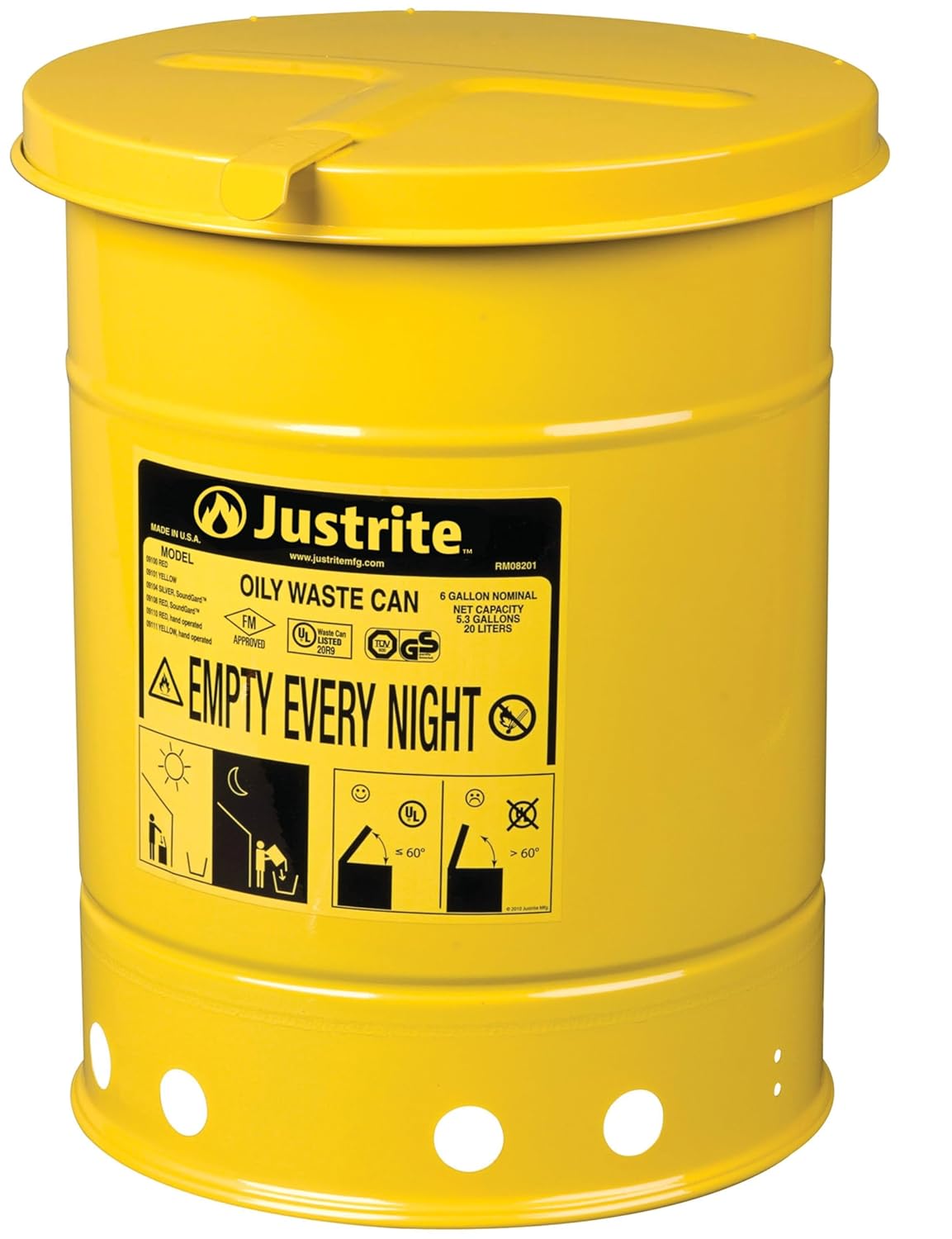 Justrite 6 Gallon Galvanized Steel Oily Waste Can, 16 x 12 Metal Oil Rag Safety Can with Hand Operated Self-Closing Lid for Oil Rag Disposal, Made in The USA, Yellow, 09111 Justrite 6 Gallon Galvanized Steel Oily Waste Can, 16" x 12" Metal Oil Rag Safety Can with Hand Operated Self-Closing Lid for Oil Rag Disposal, Made in The USA, Yellow, 09111
