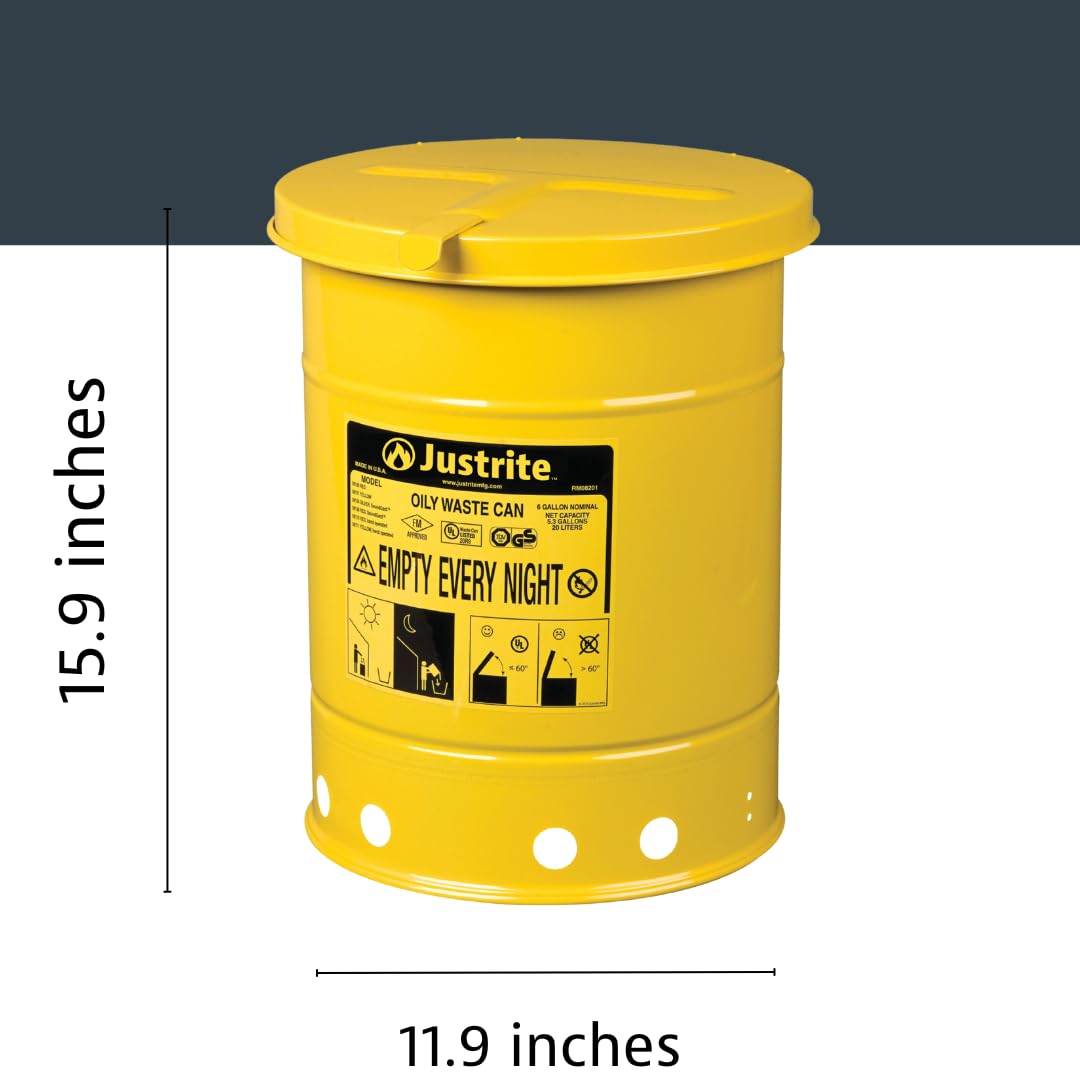 Justrite 6 Gallon Galvanized Steel Oily Waste Can, 16 x 12 Metal Oil Rag Safety Can with Hand Operated Self-Closing Lid for Oil Rag Disposal, Made in The USA, Yellow, 091111