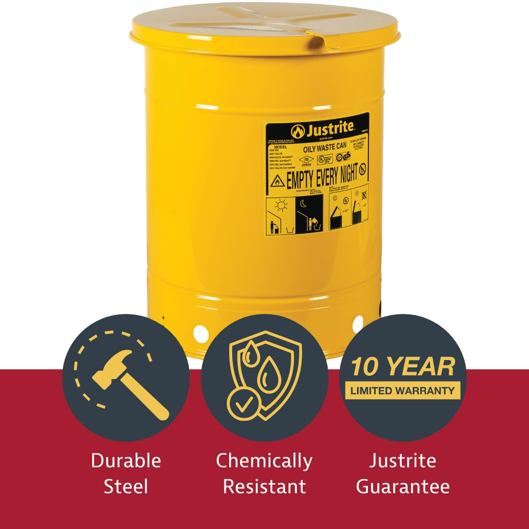 Justrite 6 Gallon Galvanized Steel Oily Waste Can, 16 x 12 Metal Oil Rag Safety Can with Hand Operated Self-Closing Lid for Oil Rag Disposal, Made in The USA, Yellow, 091112