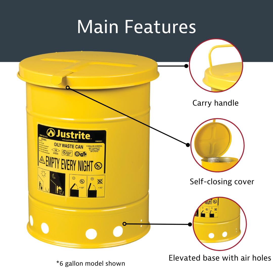 Justrite 6 Gallon Galvanized Steel Oily Waste Can, 16 x 12 Metal Oil Rag Safety Can with Hand Operated Self-Closing Lid for Oil Rag Disposal, Made in The USA, Yellow, 091113