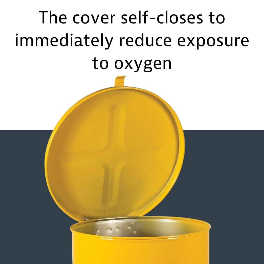Justrite 6 Gallon Galvanized Steel Oily Waste Can, 16 x 12 Metal Oil Rag Safety Can with Hand Operated Self-Closing Lid for Oil Rag Disposal, Made in The USA, Yellow, 091115