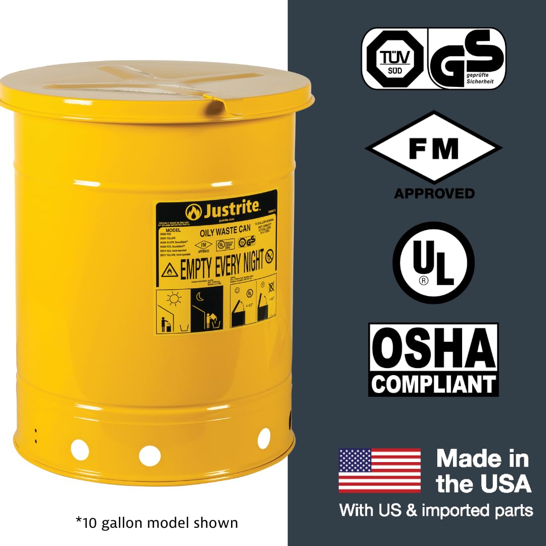 Justrite 6 Gallon Galvanized Steel Oily Waste Can, 16 x 12 Metal Oil Rag Safety Can with Hand Operated Self-Closing Lid for Oil Rag Disposal, Made in The USA, Yellow, 091119