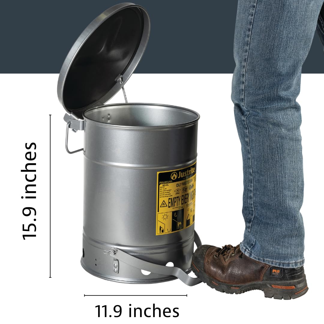 Justrite 6 Gallon Galvanized Steel Oily Waste Can, 16 x 12 Metal Oil Rag Safety Can with Quiet Foot Operated Self-Closing Lid for Oil Rag Disposal, Made in The USA, Silver, 091041