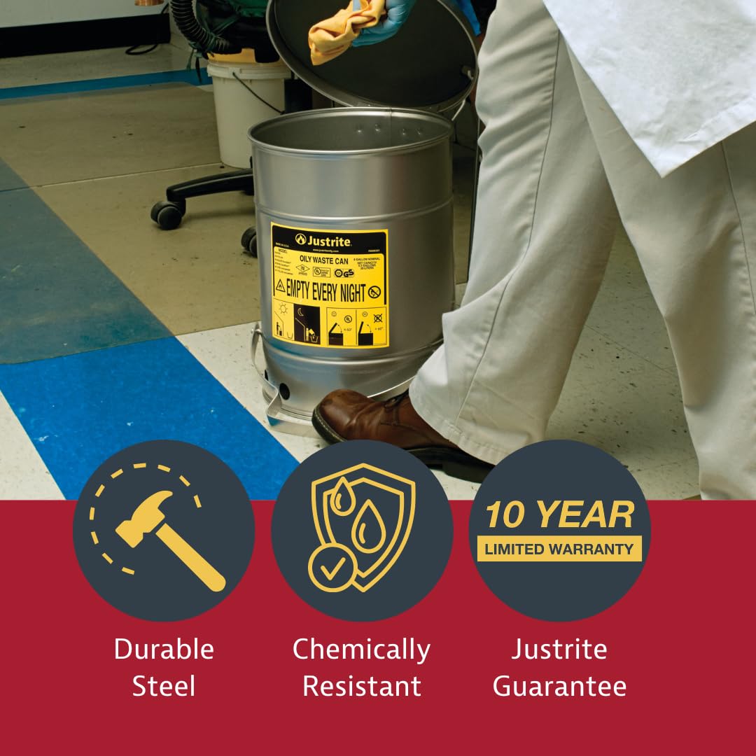 Justrite 6 Gallon Galvanized Steel Oily Waste Can, 16 x 12 Metal Oil Rag Safety Can with Quiet Foot Operated Self-Closing Lid for Oil Rag Disposal, Made in The USA, Silver, 091042