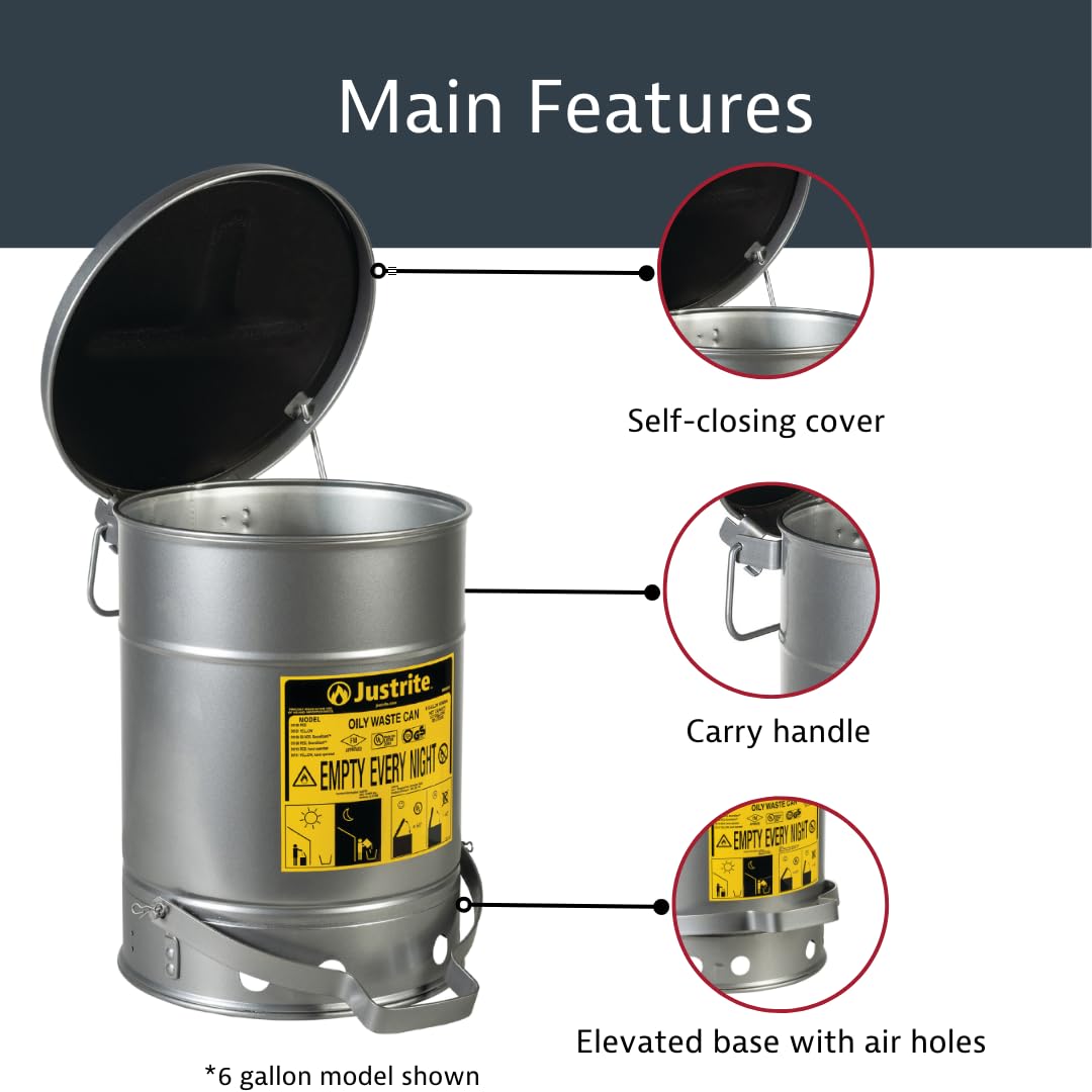 Justrite 6 Gallon Galvanized Steel Oily Waste Can, 16 x 12 Metal Oil Rag Safety Can with Quiet Foot Operated Self-Closing Lid for Oil Rag Disposal, Made in The USA, Silver, 091045