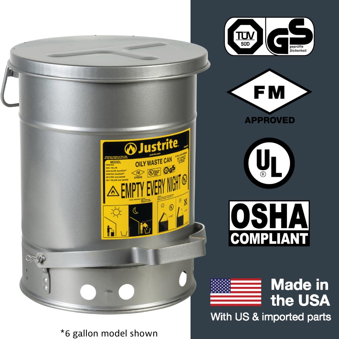 Justrite 6 Gallon Galvanized Steel Oily Waste Can, 16 x 12 Metal Oil Rag Safety Can with Quiet Foot Operated Self-Closing Lid for Oil Rag Disposal, Made in The USA, Silver, 09104912