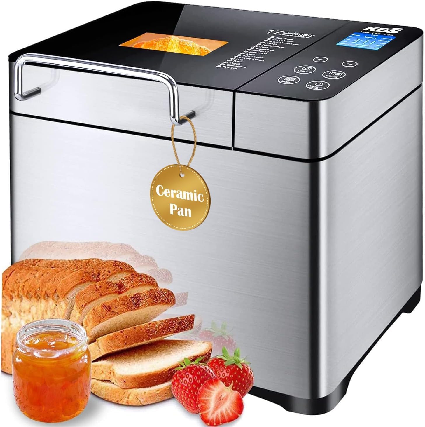 KBS Pro Stainless Steel Bread Machine, 2LB 17-in-1 Programmable XL Bread Maker with Fruit Nut Dispenser KBS Pro Stainless Steel Bread Machine, 2LB 17-in-1 Programmable XL Bread Maker with Fruit Nut Dispenser, Nonstick Ceramic Pan& Digital Touch Panel, 3 Loaf Sizes 3 Crust Colors, Reserve& Keep Warm Set