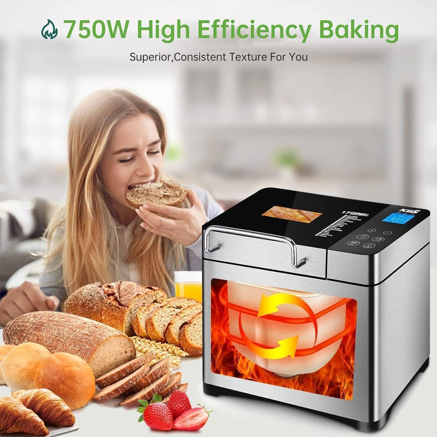 KBS Pro Stainless Steel Bread Machine, 2LB 17-in-1 Programmable XL Bread Maker with Fruit Nut Dispenser0