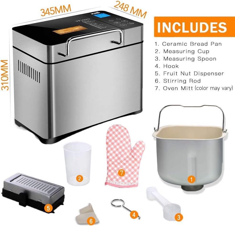 KBS Pro Stainless Steel Bread Machine, 2LB 17-in-1 Programmable XL Bread Maker with Fruit Nut Dispenser15