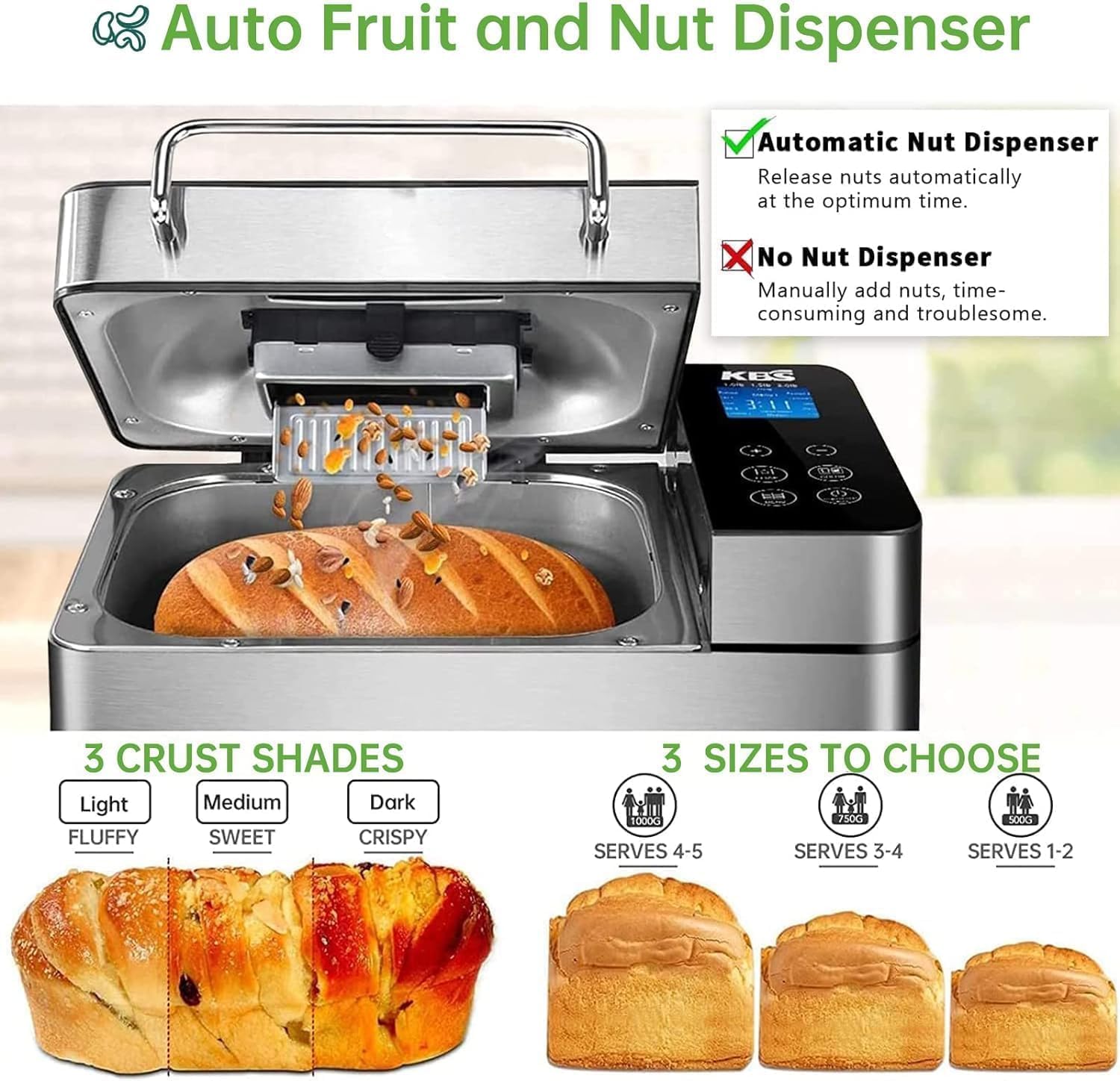 KBS Pro Stainless Steel Bread Machine, 2LB 17-in-1 Programmable XL Bread Maker with Fruit Nut Dispenser4