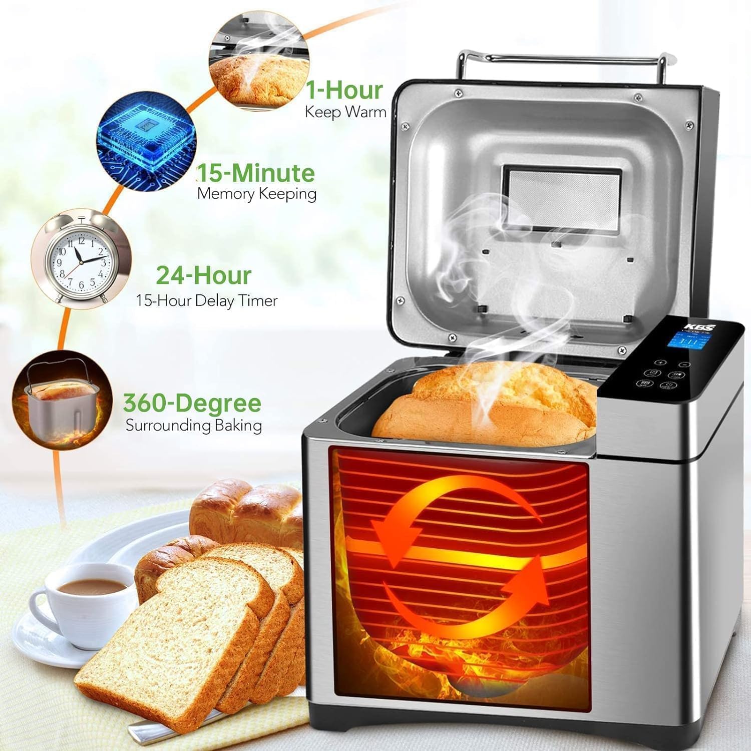 KBS Pro Stainless Steel Bread Machine, 2LB 17-in-1 Programmable XL Bread Maker with Fruit Nut Dispenser8