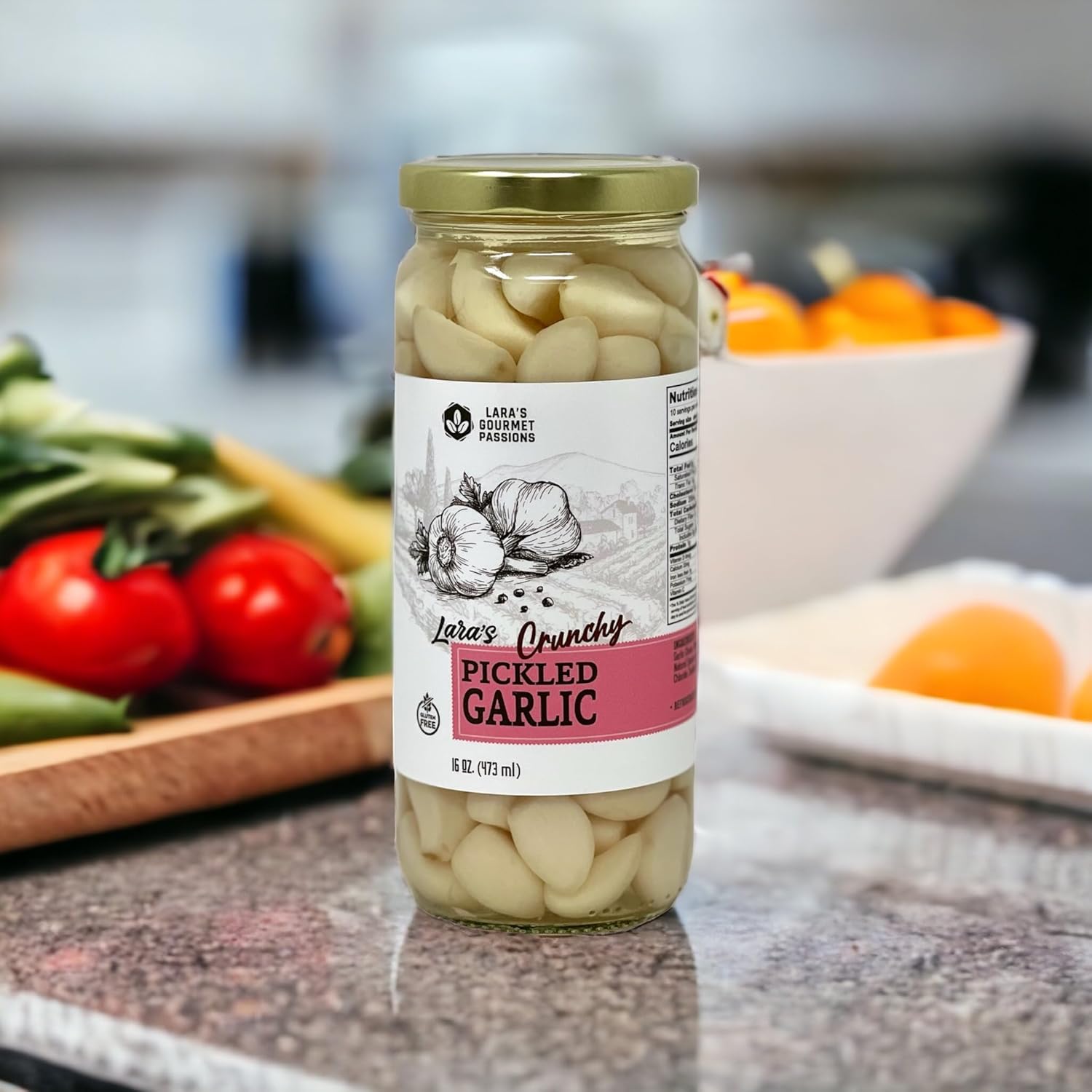 Lara's Crunchy Pickled Garlic - (4 Pack, 16 oz each) - Gourmet Mild Flavor - Versatile Culinary Delight - Ready-to-Use Garlic Cloves1